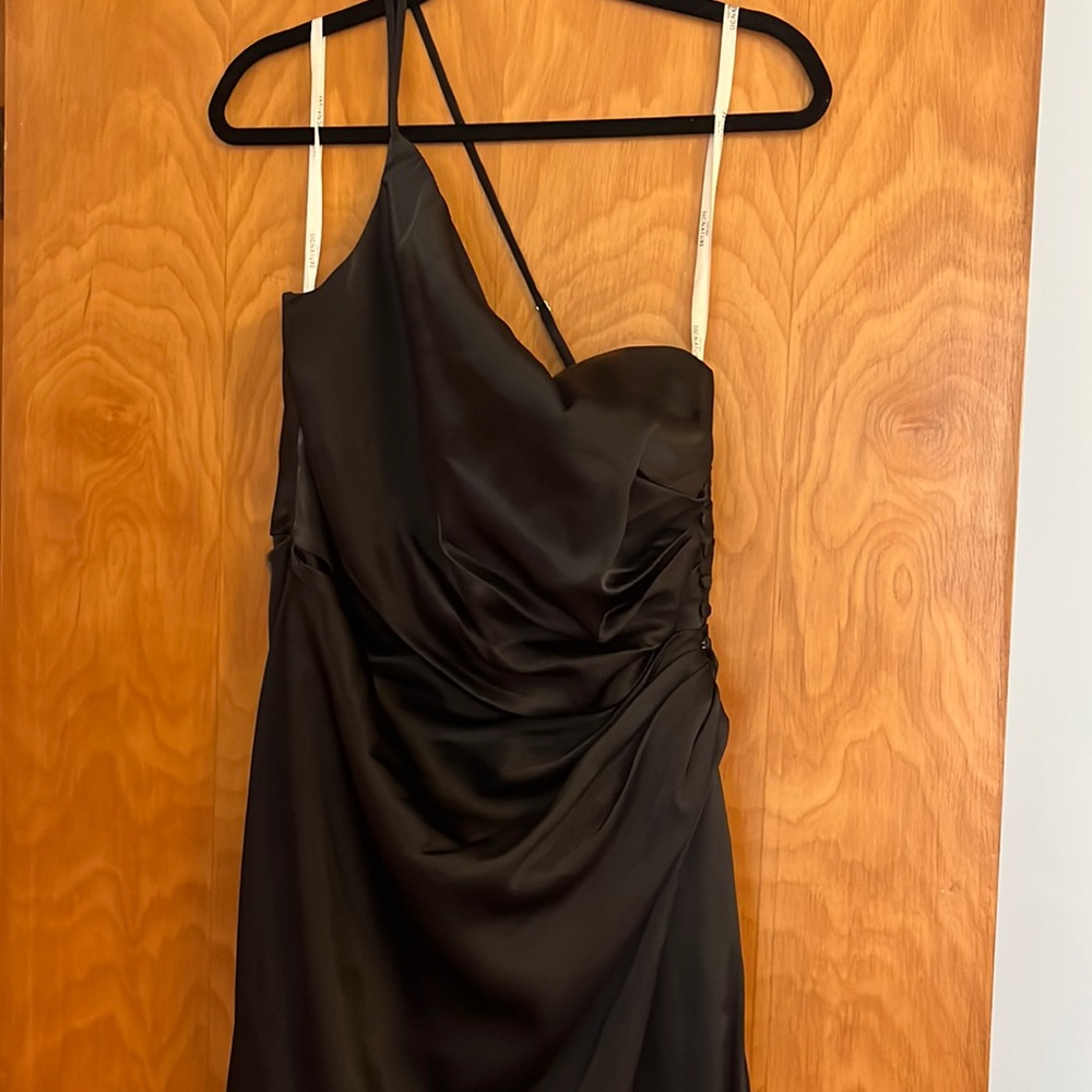 Black one shoulder dress from David’s bridal.
